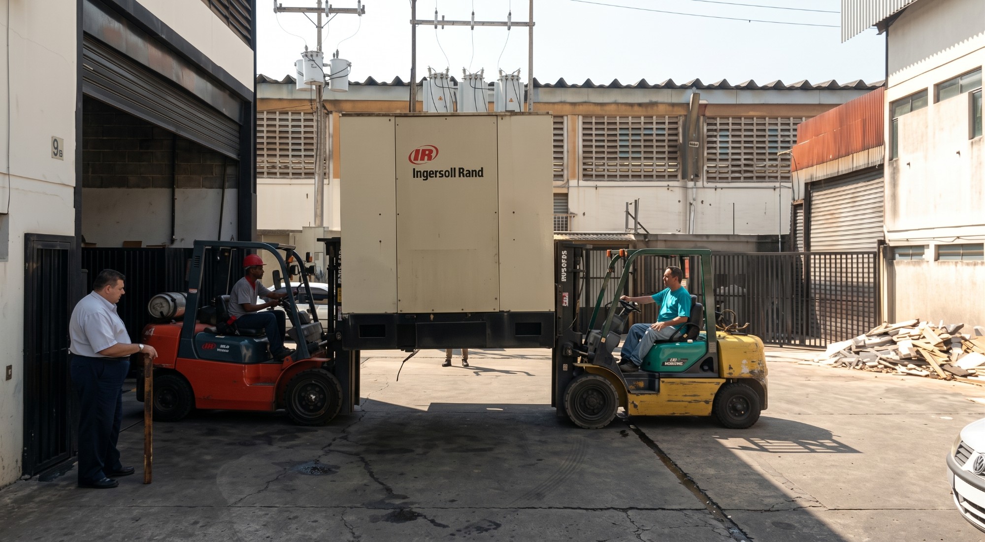 Dos montacargas levantando un compresor industrial